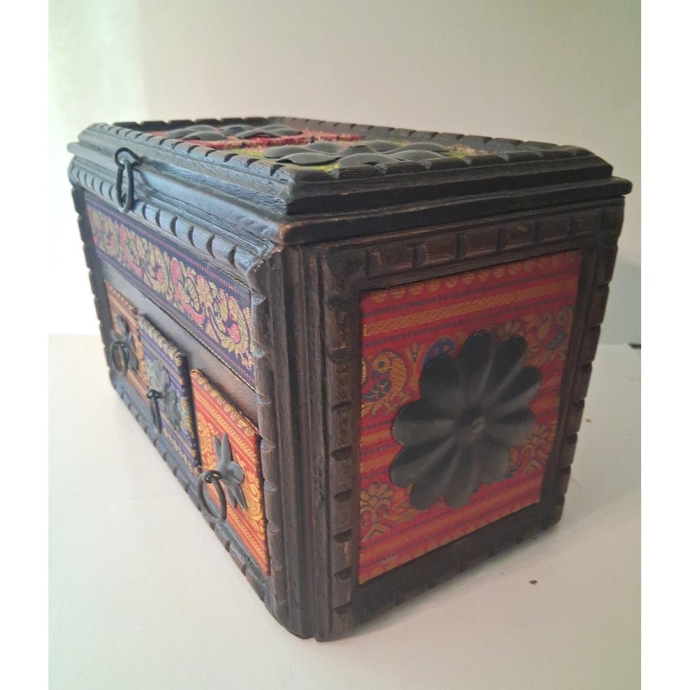 VTG 1960s Indian Hippie Boho Carved Wooden Spice Storage Jewelry Box Trunk Chest